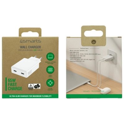 Ładowarka sieciowa PDPlug 65W GaN 2xUSB-C Biała