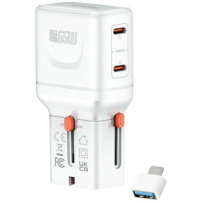 Ładowarka podróżna World Travel 65W USB-C + USB-A Biała
