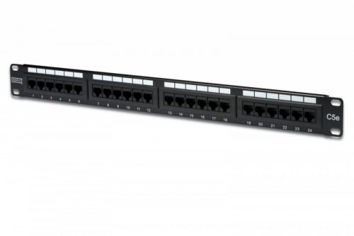 Digitus Patch panel 19&quot; 24 porty, kat.5e, U/UTP, 1U, wspornik kablowy, czarny (kompletny)