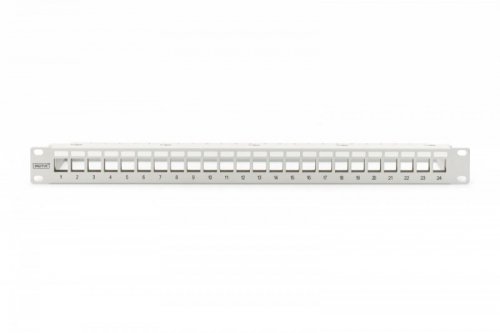 Digitus Panel krosowy (patch panel) modularny 19&quot; 24 porty pod moduły keystone, 1U, ekranowany, prowadnica kabli, pola opis