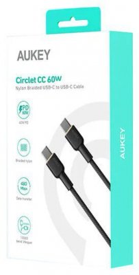 AUKEY CB-NCC1 kabel USB-C - USB-C 1m 60W PD 3A 20V nylonowy oplot czarny