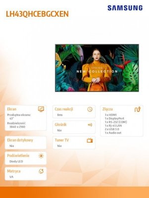 Samsung Monitor profesjonalny QH43C 43 cale Matowy 24h/7 700(cd/m2) 3840x2160 (UHD) S10 Player (Tizen 7) WiFi/BT 3 lata On-Site 