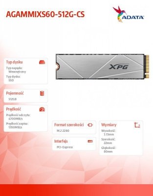 Adata Dysk SSD XPG S60 512GB PCIe 4x4 4.7/1.7GB/s M2