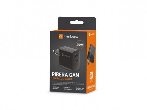 Natec Ładowarka sieciowa Ribera GAN 1X USB-A + 1X USB-C 45W Czarna