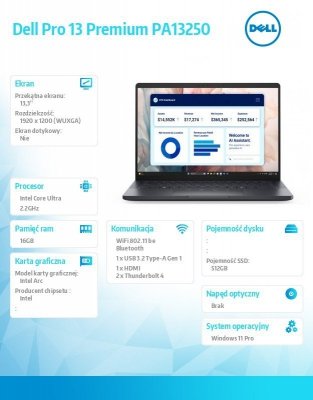 Dell Laptop Dell Pro 13 Premium PA13250/Ultra 7 266V/16GB/512GB SSD Gen4/13.3 FHD+/Arc/FgrPr/Cams&Mic/WLAN+BT/Backlit Kb/3C/vPro