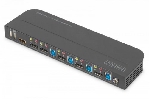 Digitus Przełącznik KVM, 4 portowy, 4K 60Hz, 4x DP IN, 1x DP OUT, 1x HDMI OUT, 2x USB A, 1x Audio IN&OUT