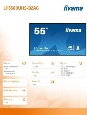 IIYAMA Monitor wielkoformatowy 55 cali LH5560UHS-B1AG matowy 24h/7 500(cd/m2) VA 3840 x 2160 UHD(4K) Android.11 Wifi CMS(iiSignage2), Uchwyt ścienny