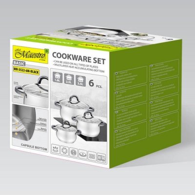 Feel-Maestro Komplet garnków z czarnymi uchwytami 6 elementów  MR-3522-6M-BLACK