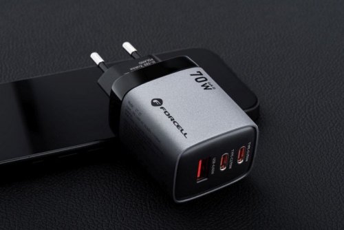 Ładowarka sieciowa do telefonu Forcell F-Energy GaN III 2 x USB C + USB A QC4.0 3,45A PD 70W SAM SFC2.0 z wyświetlaczem LCD VT-3