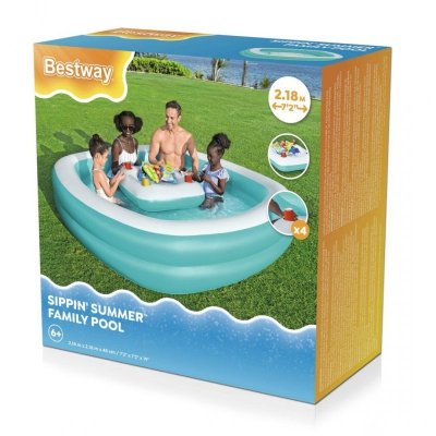 Dmuchany Basen dla rodziny 218x218x48 BESTWAY + Pływający Stolik Wyspa na napoje