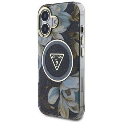 GUESS futerał do IPHONE 16 kompatybyliny z MagSafe GUHMP16SHFLPEDK (IML Metal Glitter Flowers Triangle) czarny