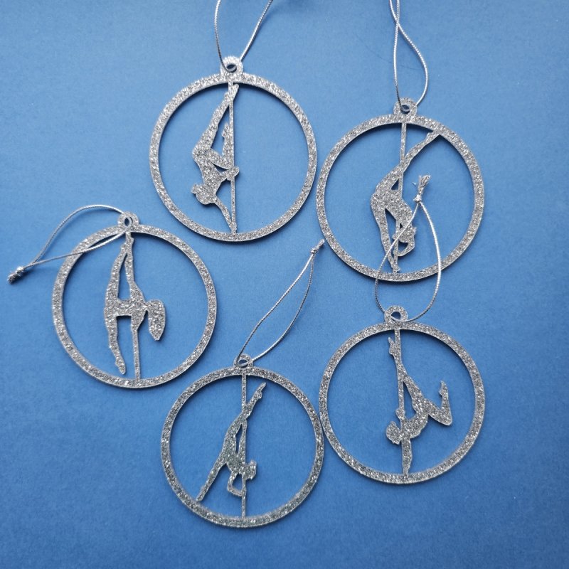 Set of 5 Silver Glitter Pole Dance Ornaments by Amira Perun. Modern Poledance Christmas Decor