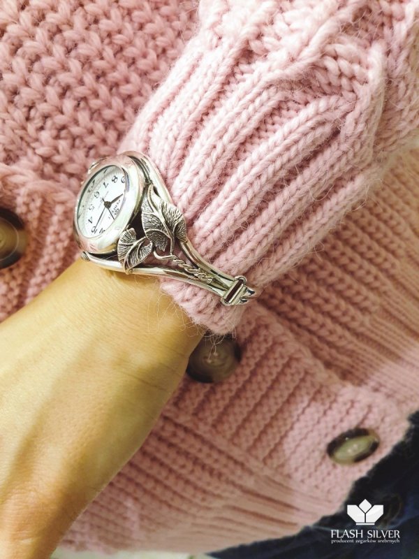 Srebrny Zegarek bransoleta z liśćmi kod12