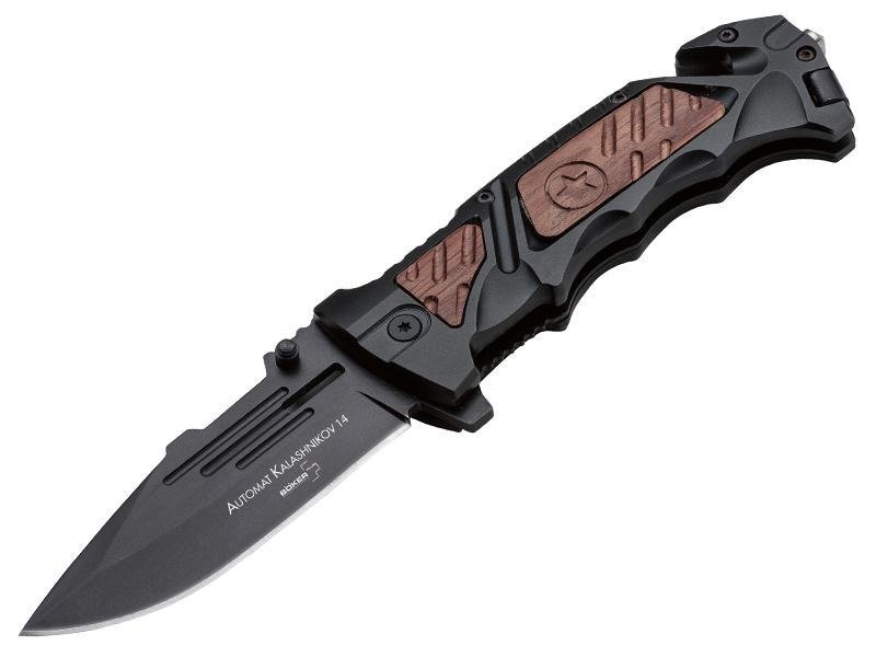 Nóż składany Boker Plus AK-14 - Stal 440C, aluminiowa rękojeść z drewnianymi wstawkami, linerlock, do codziennego użytku - 220 mm - Boker