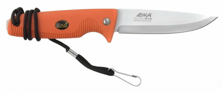 Nóż Eka Nordic W12 pomarańczowy - Nóż turystyczny do outdooru, stal Sandvik 58HRC, rękojeść G10, z pochewką i krzesiwem - 120 mm - Eka