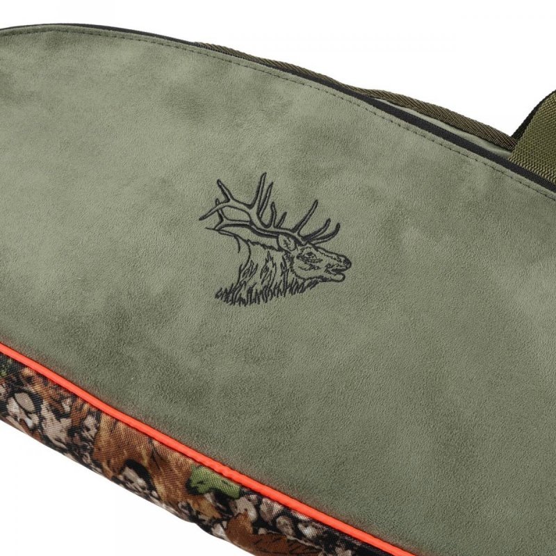 Pokrowiec Forsport na broń LPZKAM 04 1,25m, kolor kamuflaż leśny/zamsz oliwkowy, haft głowa jelenia czarna biza pomarańczowa