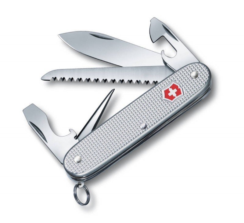 Scyzoryk Szwajcarski Victorinox Pioneer Farmer - Do outdooru, otwieracz do puszek i butelek, śrubokręt, piła do drewna - 93 mm - Srebrny