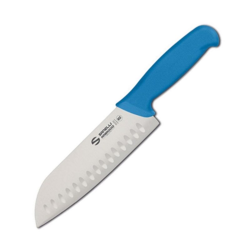 Nóż Santoku Sanelli Ambrogio Supra, ostrze granton, 18 cm, niebieski