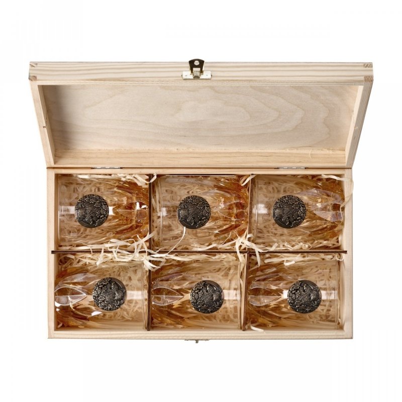 Szklanki do whisky Golden Fox Fire Amber Dzik zdobione odlewanym elementem, bursztynowy natrysk 6 szt.