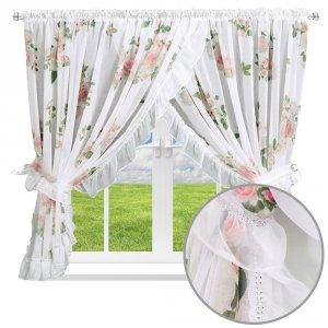 Firana z etaminy w kwiatowy wzór z falbanką - Rozalia 400X160