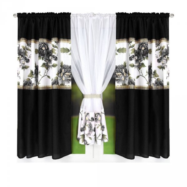 Komplet dekoracyjny zasłon z cyrkoniami oraz firaną w kwiaty 400 × 155 cm - Nelli.pl