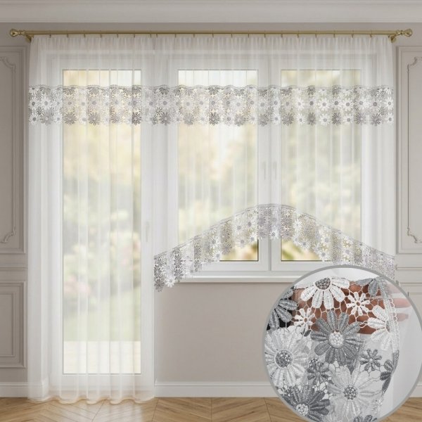 Komplet balkonowy Megan – długa firana 145x250 cm i krótka 400x160 cm z biało-szarą gipiurą i okrągłym przybliżeniem na detale.