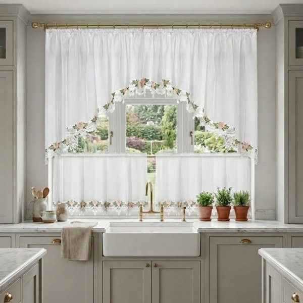 Widok z bliska na firanę woalową z gipiurą w róże zawieszoną nad blatem w jasnej kuchni.