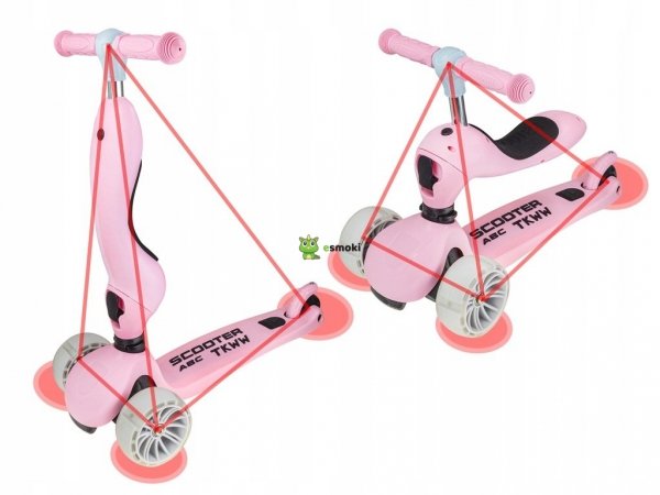 2w1 Hulajnoga jeździk rowerek biegowy ŚWIECĄCE KOŁA LED różowa grube koła