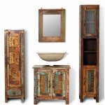 Zestaw mebli łazienkowych z drewna odzyskanego, lustro i 2 szafki