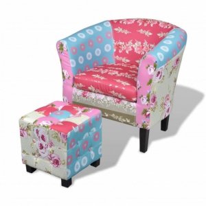 Fotel z podnóżkiem, patchworkowy, tkanina