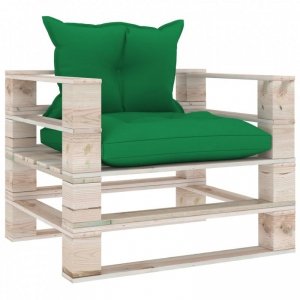 Sofa ogrodowa z palet, zielone poduszki, drewno sosnowe