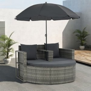 2-osobowa sofa z poduszkami i parasolem, polirattan, szara