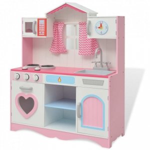 Kuchnia zabawkowa 82x30x100 cm, drewno, różowo-biała