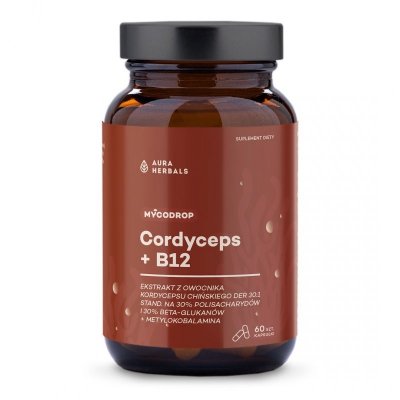 AURA HERBALS Mycodrop, Cordyceps 30:1 + B12, 30% beta-glukan (60 kaps.)