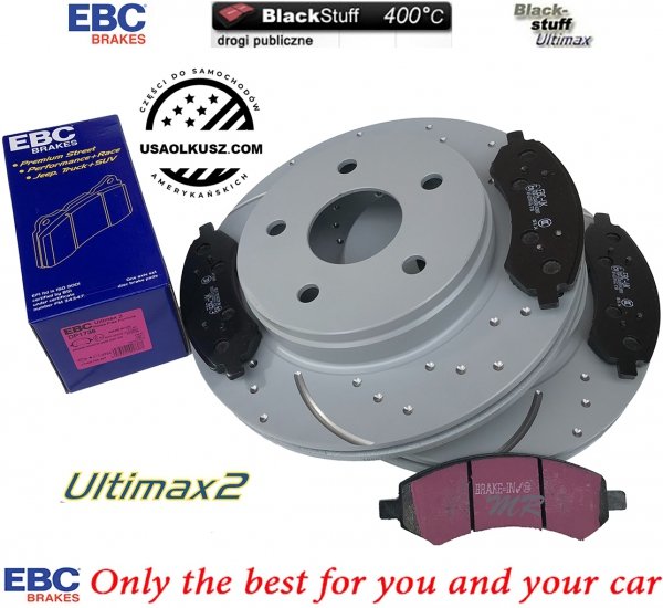 Przednie klocki Ultimax2 + nawiercone nacinane tarcze hamulcowe EBC seria GD Dodge RAM 1500 2006-