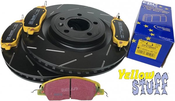 Przednie klocki YellowStuff + NACINANE tarcze hamulcowe 336mm EBC seria USR Ford Mustang 2011-2014