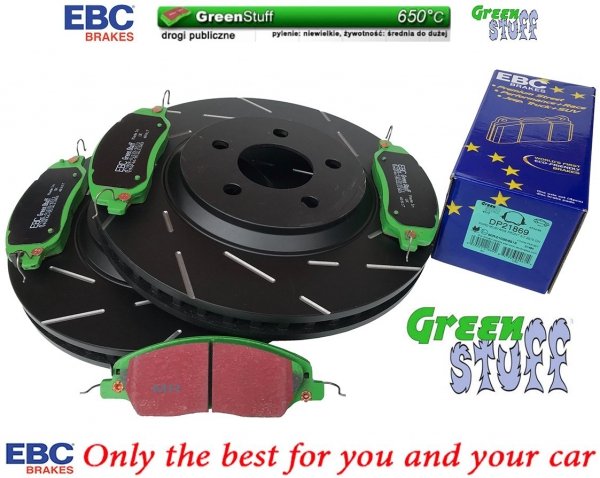 Przednie klocki GreenStuff + NACINANE tarcze hamulcowe EBC seria USR 316mm Ford Mustang 2005-2014