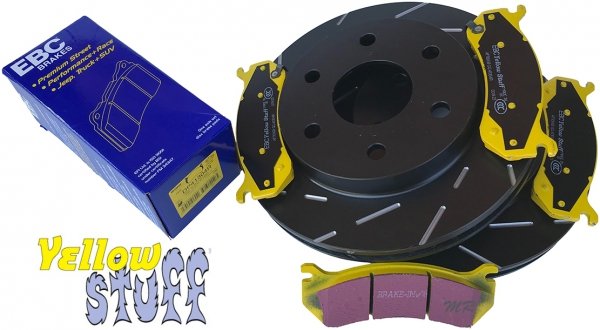 Przednie klocki YellowStuff + NACINANE tarcze hamulcowe EBC seria USR GMC Yukon -2006