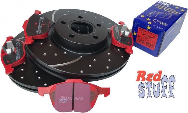 Przednie CERAMICZNE klocki RedStuff + NAWIERCANE NACINANE tarcze hamulcowe 300mm EBC seria GD Ford Escape FWD 2013-2019
