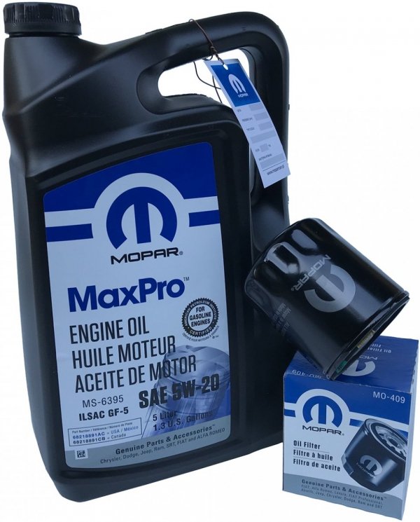 Oryginalny filtr oleju oraz olej MOPAR MaxPro 5W20 Jeep Wrangler 3,8 V6