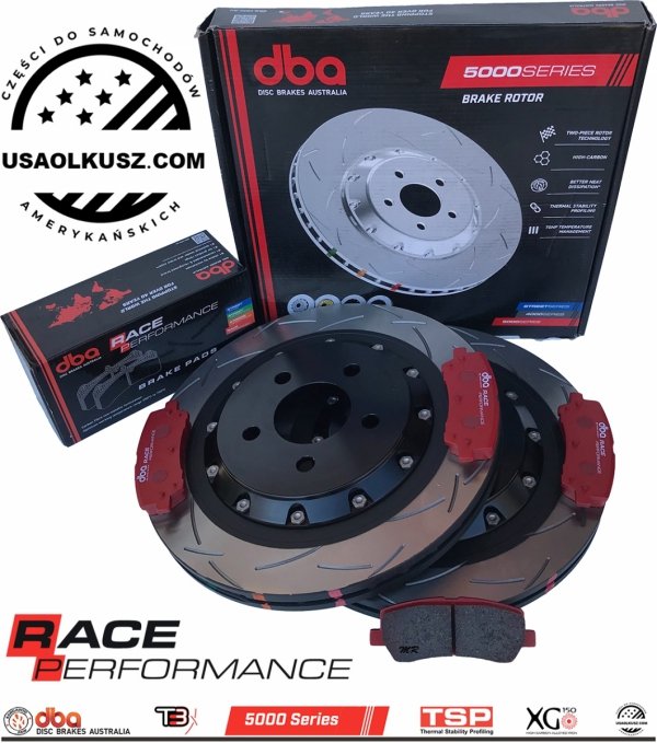 Tylne klocki RACE PERFORMANCE + pływające dwuczęściowae tarcze hamulcowe 330mm DBA seria 5000 T3 Ford Mustang 2015-