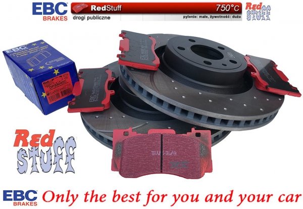 Przednie klocki RedStuff + NAWIERCANE NACINANE tarcze hamulcowe 352mm EBC seria GD Ford Mustang 2015-