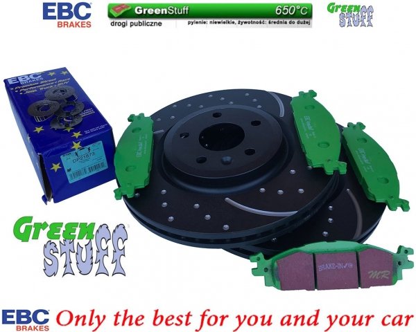 Przednie klocki GreenStuff + NAWIERCANE NACINANE tarcze hamulcowe 325mm EBC seria GD Lincoln MKS 2010-2012