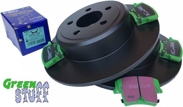 Tylne klocki GreenStuff + NIE WENTYLOWANE tarcze hamulcowe EBC seria PREMIUM Dodge Magnum RWD