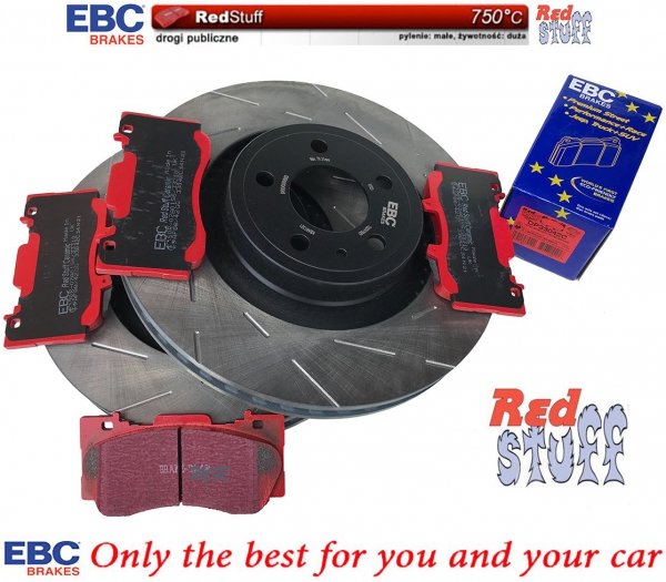 Przednie klocki RedStuff + NACINANE tarcze hamulcowe 352mm EBC seria USR Ford Mustang 2015-