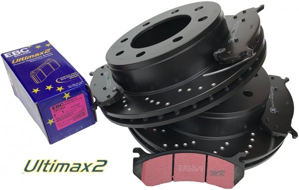 Tylne klocki Ultimax2 + NAWIERCANE NACINANE tarcze hamulcowe EBC seria GD GMC Yukon XL 2500 2000-2007