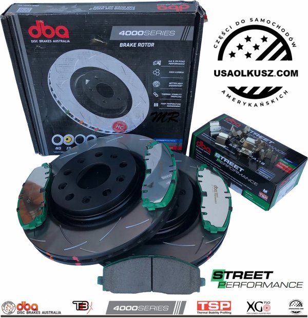 Przednie klocki STREET PERFORMANCE + tarcze hamulcowe 28mm DBA seria 4000 T3 Jeep Wrangler JL Rubicon Sahara 2018-