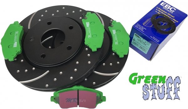 Przednie klocki GreenStuff + NAWIERCANE NACINANE tarcze hamulcowe 302mm EBC seria GD Dodge Caravan -2012