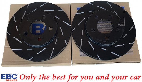 Przednie klocki YellowStuff + NACINANE tarcze hamulcowe 293mm EBC serii USR Ford Mustang 2005-2010