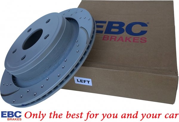 Tylne klocki Ultimax2 + nawiercone nacinane tarcze hamulcowe EBC seria GD Dodge RAM 1500 2003-